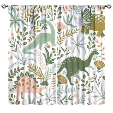 Imagem de Cortinas de dinossauro de desenho animado, folhas tropicais de dinossauro, tratamentos de janela para sala de estar, quarto de crianças, meninos, meninas, 106,7 x 114,3 cm (sem apagão)