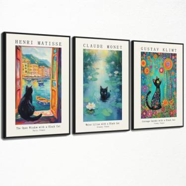 Imagem de Arte de parede em tela de gato, 3 peças de pôster de pintura a óleo de gato preto famoso, impressão de nenúfares de Claude Monet, imagem de janela aberta de Henri Matisse, pôster de animais de jardim