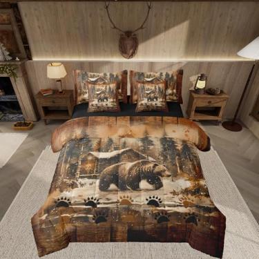 Imagem de Feelyou Jogo de cama King com urso rústico, temática de caça à vida selvagem, para meninos, meninas, adolescentes, animais selvagens, conjunto de edredom com lençol de microfibra macia