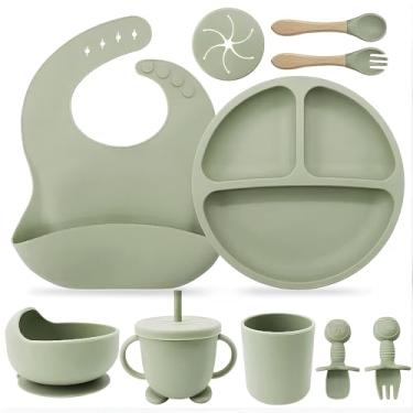 Imagem de Kit Introdução Alimentar Bebê 8 Peças Prato + Bowl Babador Copo + Tampa com Canudo + 2 Talheres + 2 Talheres Ponta Silicone Cabo de Madeira 100% Silicone Antitóxico Premium (Verde)