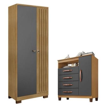Imagem de Cômoda Sapateira Cannes Com Armário Multiuso Versatile 2 Portas Com Chave Carvalho Americano Grafite - Incorplac