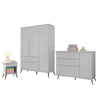 Imagem de Jogo De Quarto Infantil Retrô Alice Guarda Roupa, Cômoda Com Porta E Mesinha Cinza - Pr Baby Cinza