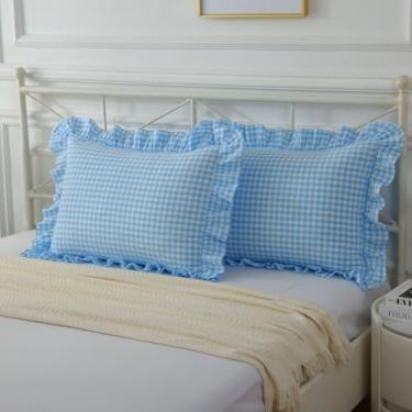 Imagem de Mywinlle Conjunto de 2 fronhas xadrez vintage azul celeste com babados, tamanho padrão, lavado, casa de fazenda, chique, fronhas xadrez guingão, 51 x 66 cm