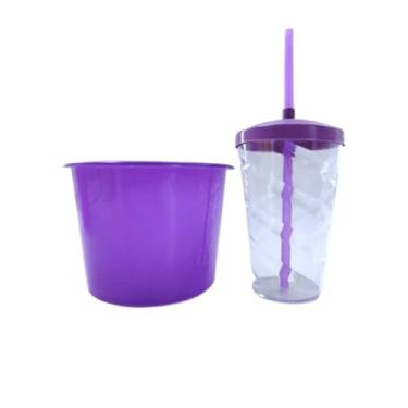 Imagem de 34 Kits Cineminha Balde 1,5 Litros +copo Twister 500ml (transparente com TAMPA Roxo)