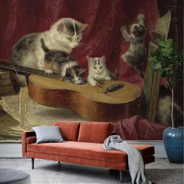 Imagem de Papel de parede mural de parede de gato pintura a óleo 375,9 cm L L x 275 A lona guitarra e livro papel de parede descascar e colar vermelho escuro decoração de parede vintage papel de parede 3D para