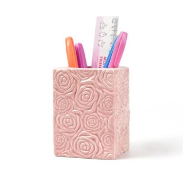 Imagem de Zaposcca Suporte de caneta de flor rosa, suporte de lápis quadrado esculpido de cerâmica, organizador de recipiente de mesa para casa, decoração de escritório (rosa)