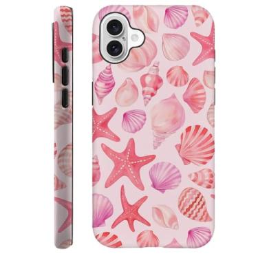 Imagem de Capa compatível com iPhone 16 Plus, capa rígida híbrida de 2 camadas, macia à prova de choque para meninas e mulheres, padrão de estrelas do mar de conchas rosa