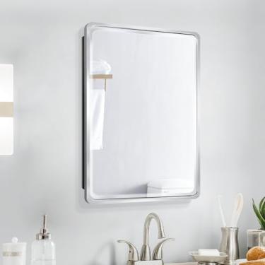 Imagem de Janboe Armário de remédios de 40 x 66 cm, moldura de alumínio escovado, espelho chanfrado, dobradiça de fechamento macio, prata, placa lateral removível para montagem embutida ou montagem em