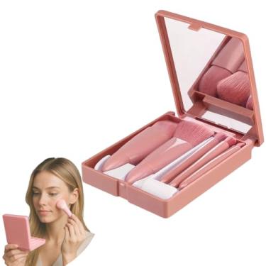 Imagem de Kit 5 Pincéis de Maquiagem com Estojo e Espelho Portátil Possui Cerdas Macias Ideiais para Base, Pó, Blush, Sombras e Corretivo, Perfeito para Levar na Bolsa e em Viagens