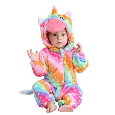 Imagem de Fantasia de flanela de manga comprida de animais para bebês, meninos, meninas, outono e inverno, macacão com capuz e zíper frontal para cosplay de unicórnio para Halloween, Natal 80