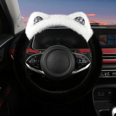 Imagem de Lindo protetor de volante com brilho nas orelhas, pelúcia macia e fofa para o inverno quente, ajuste universal de 38 cm para carro, SUV, elástico e antiderrapante (preto)