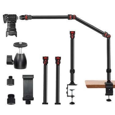 Imagem de Taisioner Suporte de mesa para câmera superior, braço articulado de 3 seções com grampo C resistente, cabeça esférica de 360°, capacidade de carga de 2,3 kg, compatível com DSLR, webcam, luzes