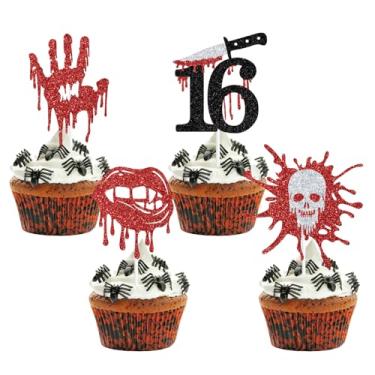 Imagem de 16PCS Killer 16th Birthday Cupcake Topper, Bloody Birthdays Cupcake Picks, Spooky Halloween Happy 16th Birthday Party Decorations Supplies