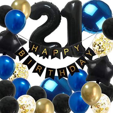 Imagem de Decorações de Aniversário para Ele de 21 anos – Balões de Festa de Aniversário para Homens com Número Jumbo Preto Azul Kit de Decoração de Banner Dourado (21º Preto Azul)