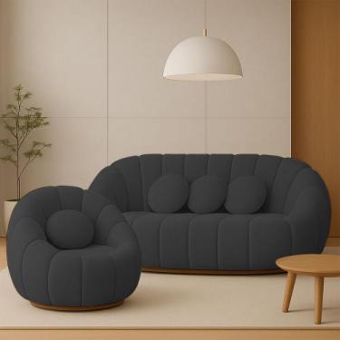 Imagem de Sofá 2 Lugares com Poltrona Giratória Orgânica Cloud Bouclê Cinza Escu