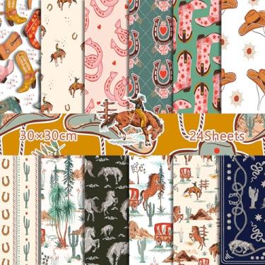 Imagem de Bloco de 24 folhas com estampa ocidental, 29 x 29 cm, papel de scrapbook, motivos ocidentais, botas, chapéus, estampa de cacto, pacote de cartolina dupla face para artesanato e projetos de bricolage