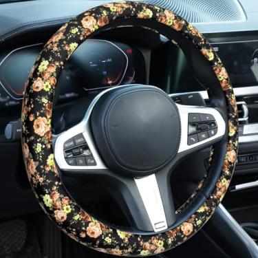Imagem de Capa de volante de carro - Universal de 35 a 38 cm, couro preto com estampa de rosa laranja e flor amarela