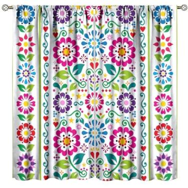 Imagem de Cortinas de flores mexicanas, boho, vintage, abstrata, flores, folclóricas, estampas, quarto, sala de estar, bolso para varão, tratamento de janela, conjunto de 2 painéis, tamanho total 106,7 cm L x