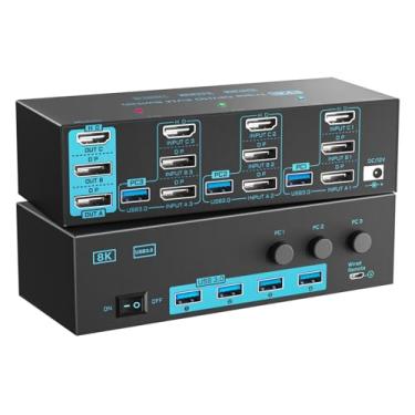 Imagem de Interruptor KVM de monitor triplo 8K/4K, 3 monitores, 3 computadores, 3 portas, 2 DisplayPort 1.4 e HDMI 2.1 USB 3.0 KVM, DP 1.4, suporta 8K @30Hz/4K@144Hz, HDMI suporta 8K @60Hz/4K@120Hz com controle