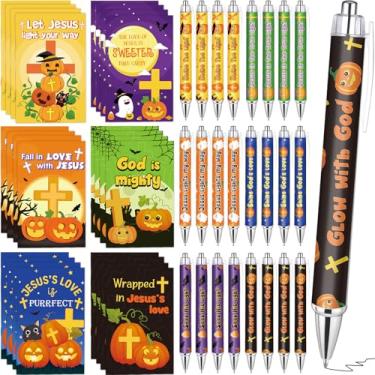 Imagem de AmazingSpark 48 canetas de abóbora cristã, mini bloco de notas de Halloween, religioso, Jesus, canetas esferográficas, artigos de papelaria, lembrancinhas de festa para escola, igreja, prêmios