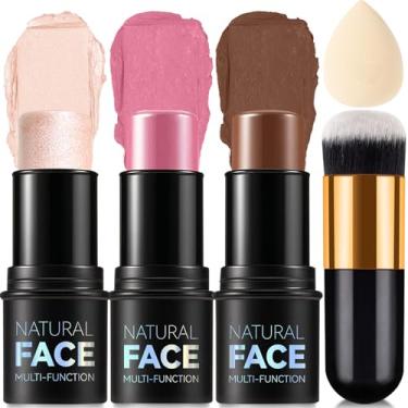 Imagem de Bastão de contorno creme de 3 cores, persianas com bastão de iluminador, bastão de blush e bastão de contorno de bronzeador para esculpir as bochechas, de longa duração, à prova d'água, acabamento