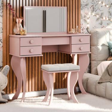 Imagem de Penteadeira De Quarto Infantil Íris Rosa Com 4 Gavetas E Banqueta