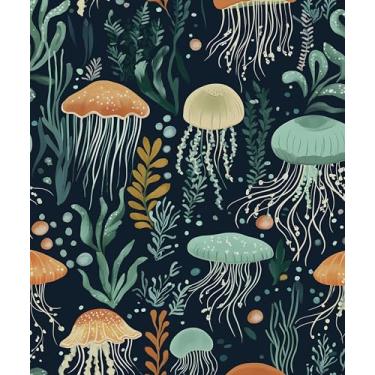 Imagem de Papel de parede de água-viva azul para descascar e colar, papel de contato vintage mar oceano 44,5 cm x 1,000 cm, papel de parede de algas marinhas autoadesivo removível à prova d'água para quarto de