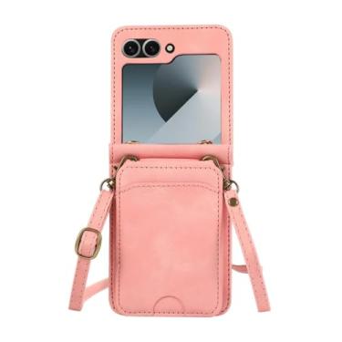 Imagem de Capa porta-cartões tipo carteira para Samsung Galaxy Z Flip 6 5 4 3 ZFlip Flip6 Flip5 Flip4 Flip3 com capa de bolsa com cordão crossbody, rosa, para Samsung Z Flip 4