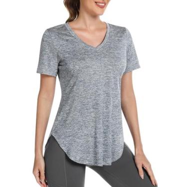 Imagem de Camisa de treino Alovien, manga curta, solta, decote em V, feminina