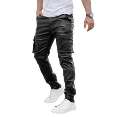 Imagem de Calças cargo GINGTTO Slim Fit de couro para homens pretas