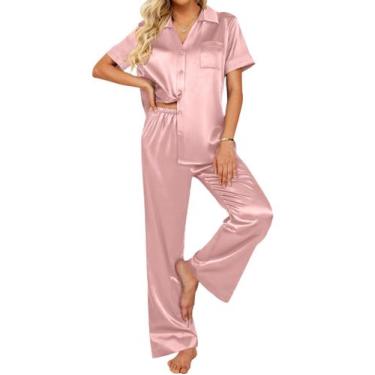 Imagem de Conjunto de pijamas Ekouaer Silk Satin de 2 peças para mulheres rosa