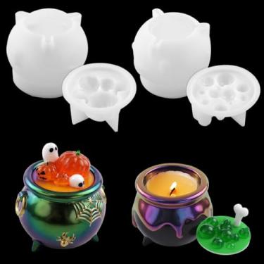 Imagem de 2 moldes de resina para pote de Halloween, caldeirão de bruxa e sopa de abóbora, moldes de resina epóxi, pote de crânio mágico, moldes de silicone para fazer velas, armazenamento de doces