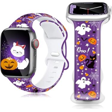 Imagem de Pulseira para Apple Watch com tema de outono, design de Ação de Graças com vibração de outono e abóbora, compatível com iWatch séries 1-10 Ultra, 38-49 mm (gato de Halloween, 38/40/41/42 mm (série 10