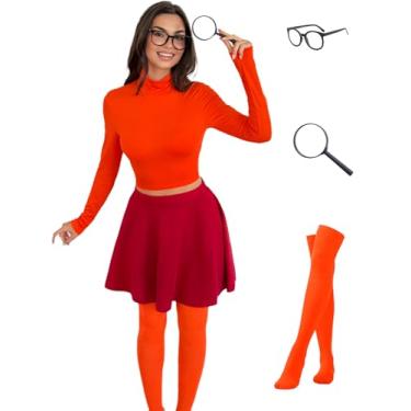 Imagem de YAMQETKO Fantasia feminina laranja manga comprida, saia curta vermelha, meias laranja, lupa e armação preta para festa de cosplay de Halloween YA103-1-S