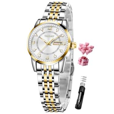 Imagem de Taxau Relógios femininos à prova d 'água relógios femininos luxuosos diamante aço inoxidável quartzo relógios de pulso femininos com data dia prata dois tons clássico relógio feminino delicado rosto