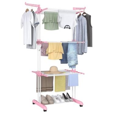 Imagem de Bigzzia Rack de secagem de roupas, rack dobrável de aço inoxidável para cavalos interno e externo, escorredor de roupas de 4 camadas com asas laterais - rosa