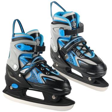 Imagem de Patins de gelo ajustáveis para crianças, meninos e meninas, 4 tamanhos ajustáveis, forro quente e confortável para iniciantes de 3 a 12 anos, sapatos de patinação ao ar livre e pista de gelo (azul