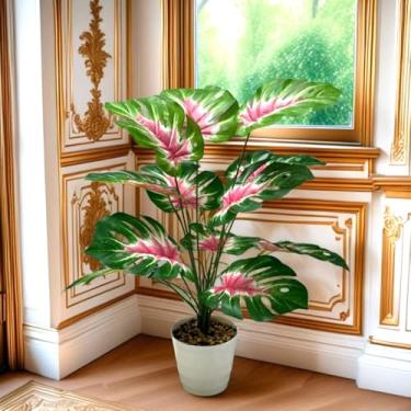Imagem de Planta artificial Monstera com folhas amarelas e verdes, hipose de folha de tartaruga plantas artificiais bonsai verde simulado planta em vaso para decoração de quarto, ornamento de jardim doméstico