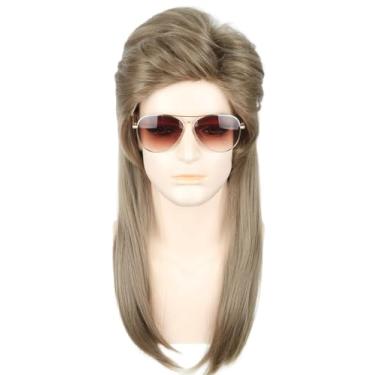 Imagem de LeMarnia Perucas masculinas de fantasia dos anos 80 para homens, perucas de tainha marrom mista para homens, peruca de festa de Halloween