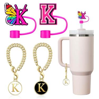 Imagem de VUICCI (2+2) Capa de canudo 10 mm e pingentes de letra inicial acessórios para copo Stanley Tumbler, tampa de palha nome ID personalizado para copo Stanley 30 e 1,134 g copo