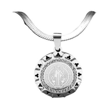 Imagem de Colar Com Pingente Medalhão De São Bento Hip Hop Masculino Em Aço Inox