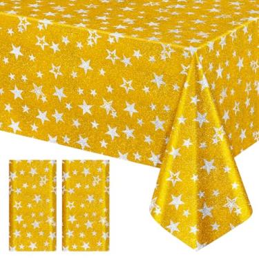 Imagem de Pacote com 2 toalhas de mesa de plástico com glitter Gold Star, 102 x 178 cm, capa de mesa descartável com estampa brilhante e estrela, toalha de mesa grossa à prova d'água para aniversário, chá de