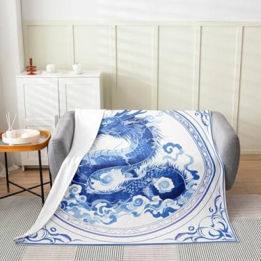 Imagem de Cobertor de flanela chinês loong para meninos meninas crianças super macio quente azul branco cobertor de lã dragão manta arte tinta azul cobertor de cama presentes para adolescentes mulheres (Queen
