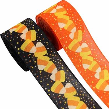 Imagem de TMXAOK 2 rolos de fita de borda com fio de Halloween, fitas impressas de milho laranja preto doce, fita de embrulho para presente para decoração de festa de Halloween, guirlanda de arco faça você