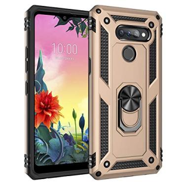 Imagem de SORAKA Capa para LG K50S com suporte de anel capa armadura LG K50S capa traseira de policarbonato rígido com placa de metal para telefone magnético suporte de carro dourado