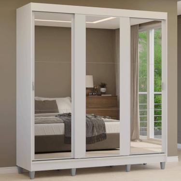 Imagem de Guarda-Roupa Casal com Pés 3 Portas de Correr de Espelho Branco Reno Madesa