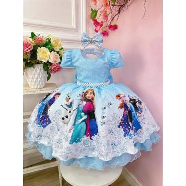 Imagem de Vestido Infantil Azul Princesas Frozen Elsa e Anna com Laço - no-brand