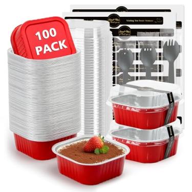 Imagem de Ruckae 100 peças de mini copos quadrados para assar com tampas - recipientes descartáveis para sobremesa, mini formas de bolo com tampas, copos de sobremesa de alumínio para festas e casamentos