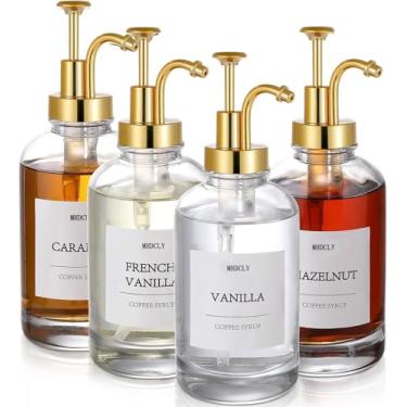 Imagem de Acessórios para cafés MHDCLY, dispensador de xarope de café - pacote com 4, dispensador de xarope de 500 ml com etiquetas, dispensador de bomba de xarope para barra de café (bomba dourada)