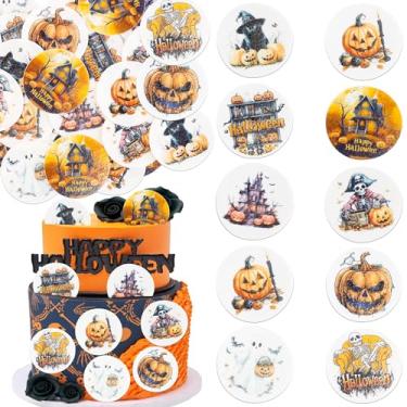Imagem de Ephlyn 54Pcs Edible Happy Halloween Cupcake Toppers Wafer Paper Pumpkins Ghost Black Cats Cupcake Picks Skull Cupcake Toppers for Halloween Eve Theme Party Birthday Decor Supplies Orange